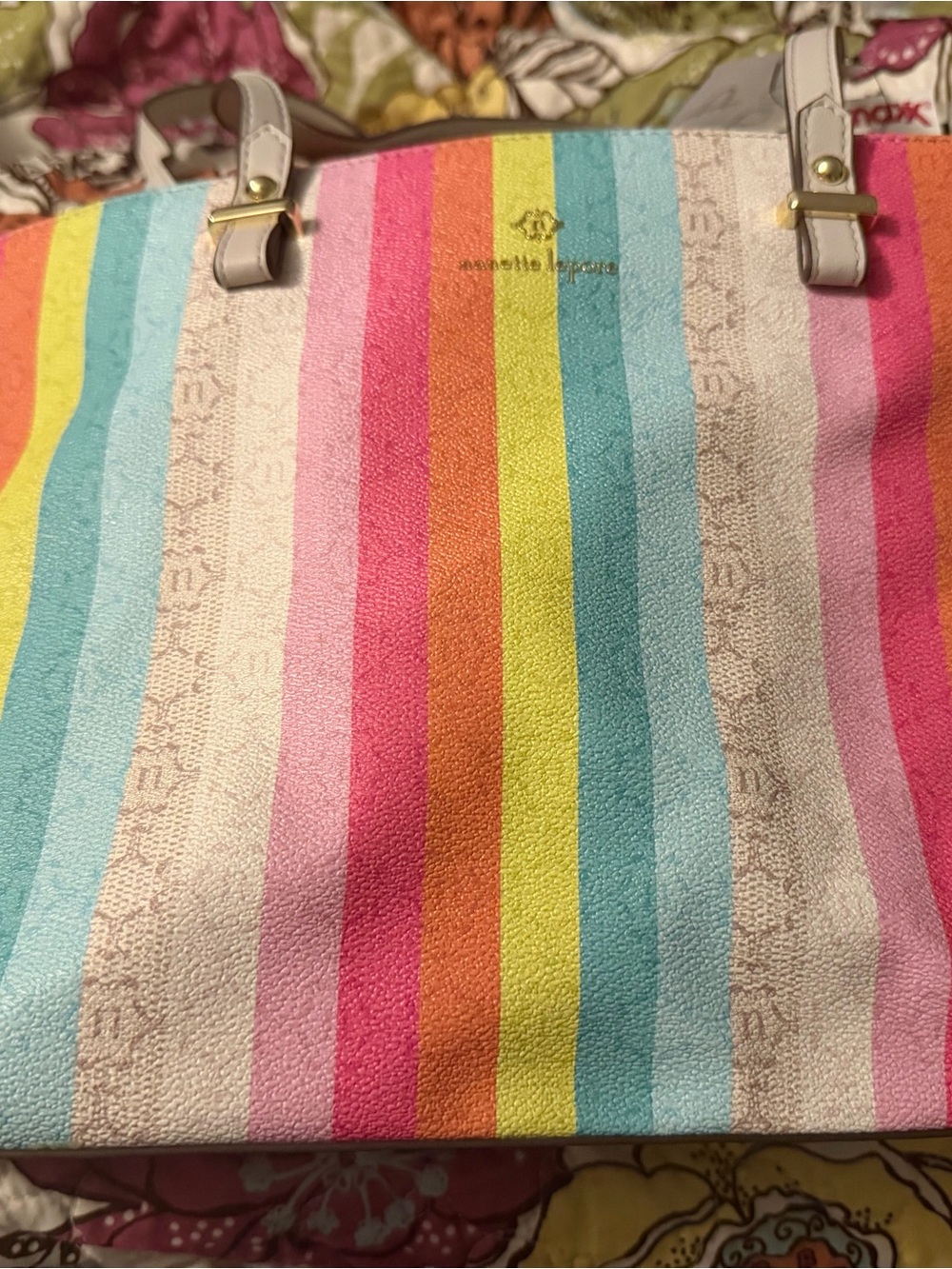 Nanette Lepore 3 piece Rainbow Stripe Tote with Cream Handles